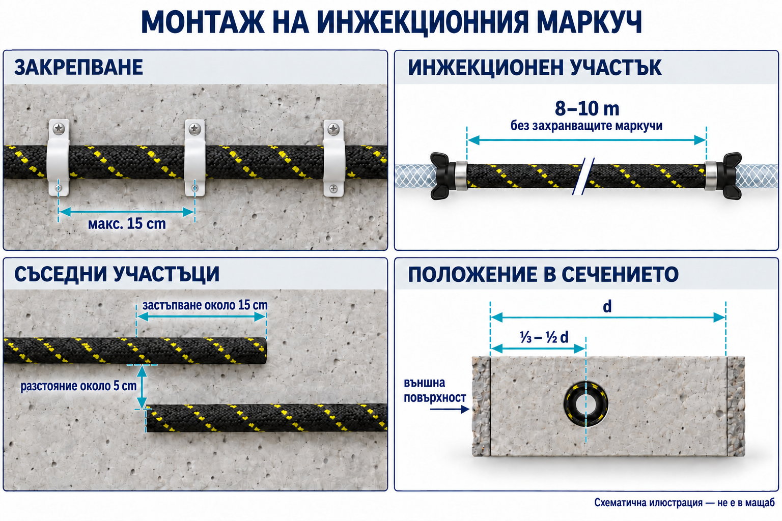 Монтажни размери: закрепвания през максимум 15 cm, участъци 8–10 m, застъпване приблизително 15 cm, разстояние приблизително 5 cm и положение на една трета до половината от дебелината отвън