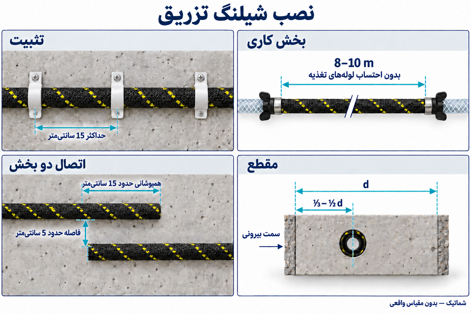 ابعاد نصب: فاصله تثبیت حداکثر 15 cm، بخشهای 8–10 m، همپوشانی حدود 15 cm، فاصله حدود 5 cm و موقعیت یکسوم تا نصف ضخامت عضو از سمت بیرونی