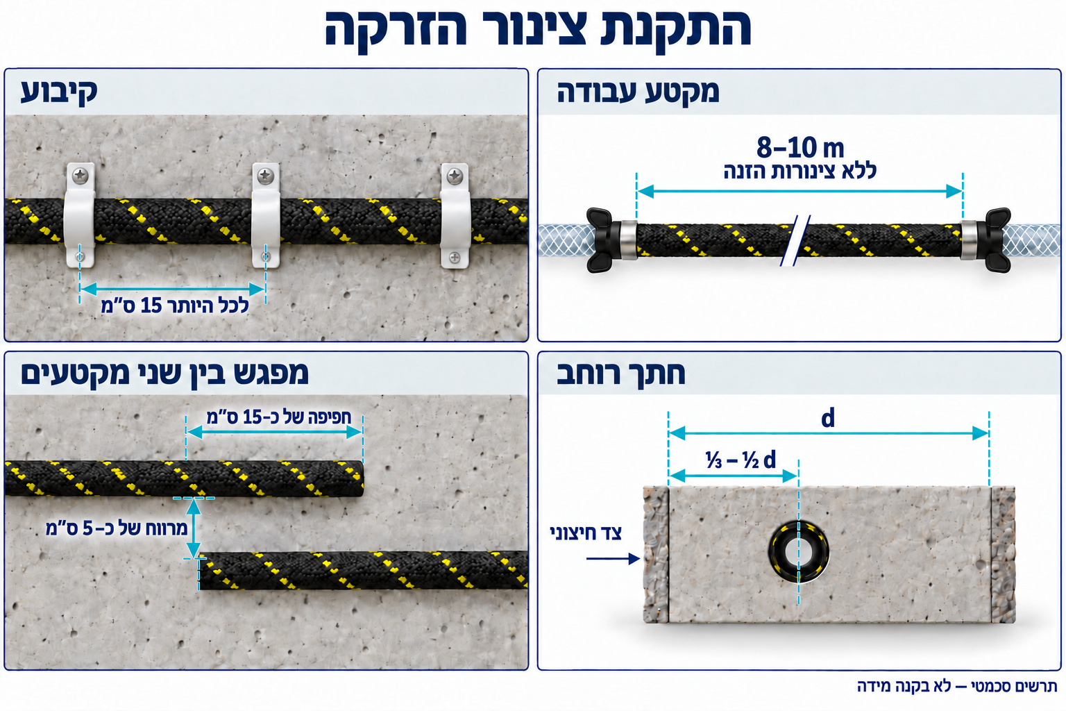 מידות התקנה: מרווחי קיבוע של עד 15 cm, מקטעים 8–10 m, חפיפה כ־15 cm, מרווח כ־5 cm ומיקום בשליש עד חצי מעובי הרכיב מהצד החיצוני