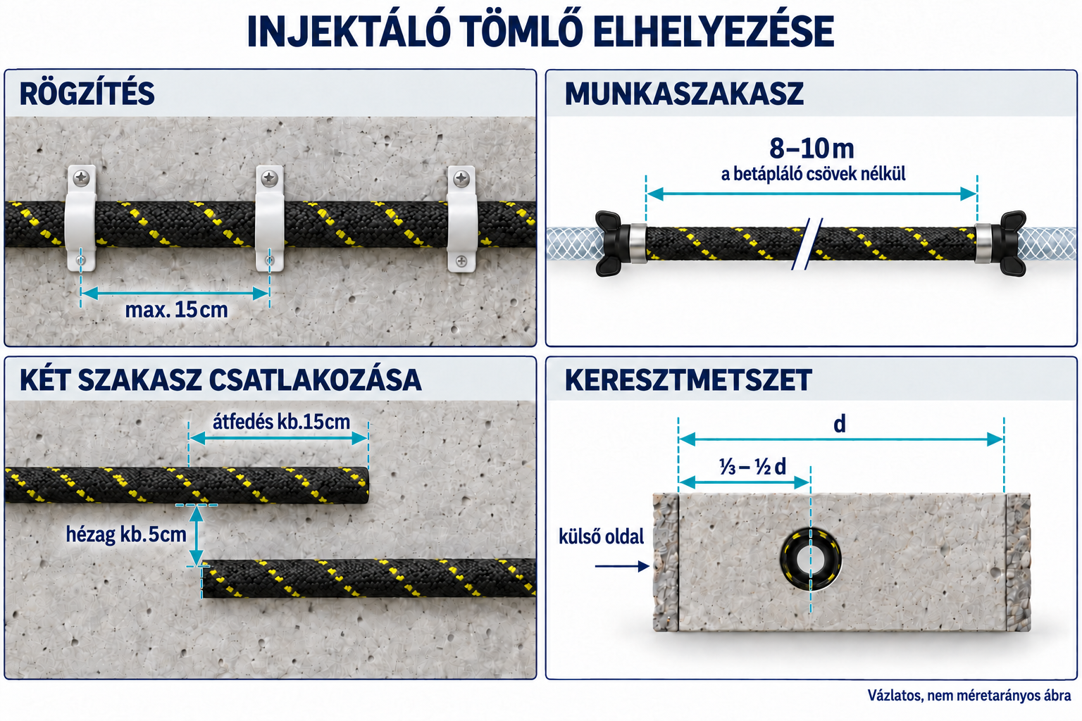 Beépítési méretek: legfeljebb 15 cm-es rögzítési távolság, 8–10 m-es szakaszok, körülbelül 15 cm-es átfedés, körülbelül 5 cm-es hézag, elhelyezés az elem külső oldalától a vastagság egyharmad–fele távolságban